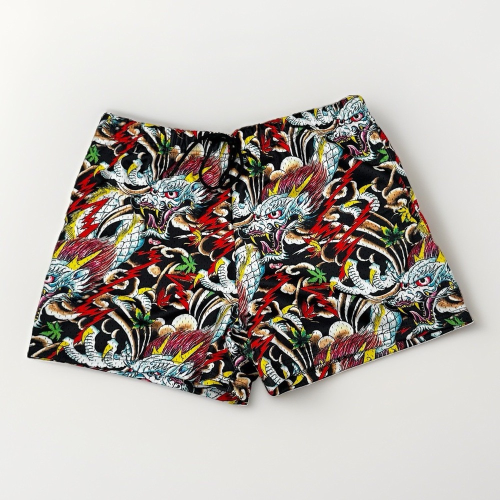ED HARDY DRAWSTRING DRAGON TATTOO PRINT MESH SHORTS SIZE XL NWOT